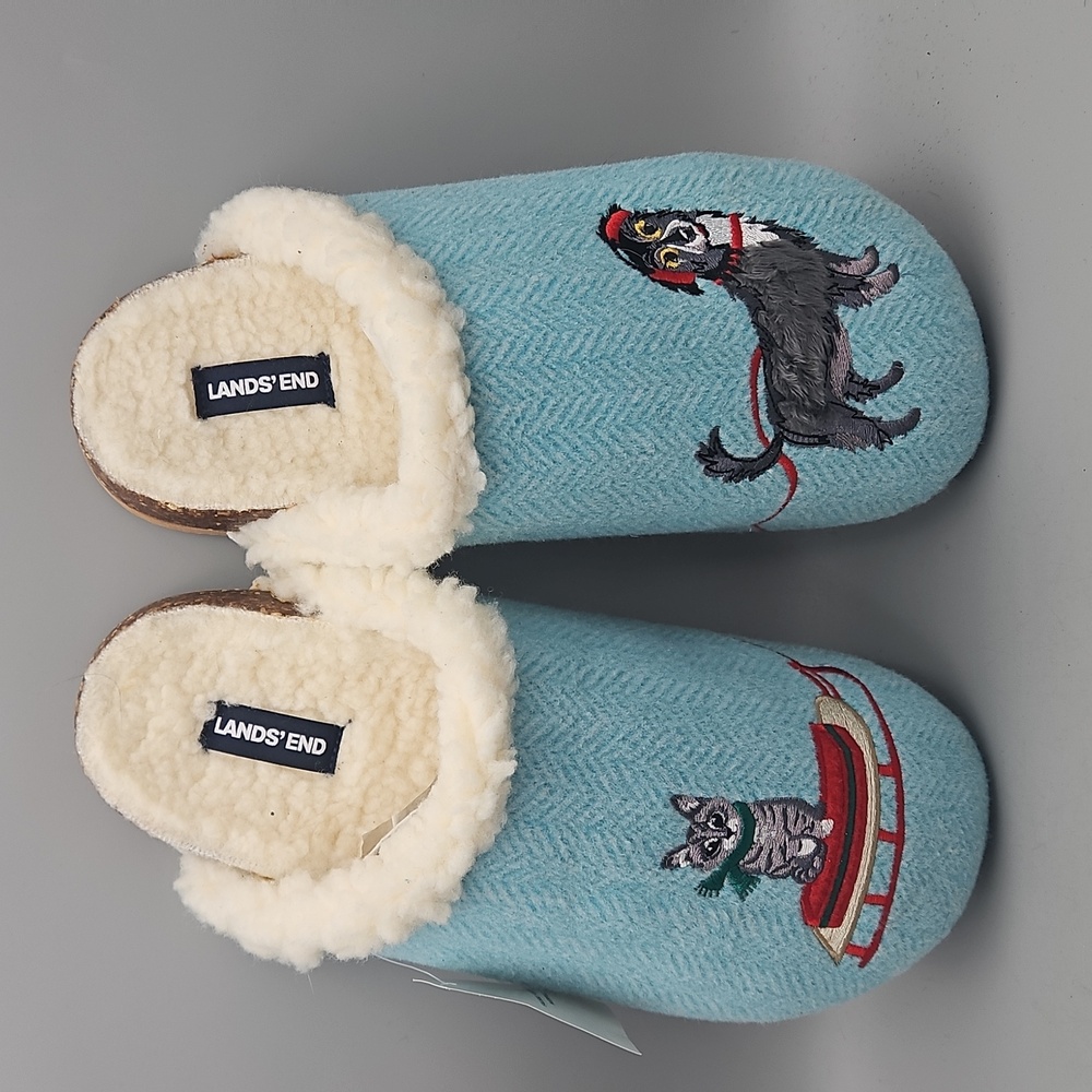 Lands End Slippers Mule Sherpa faux size 11 B Dog, Cat Women New Xmas Style